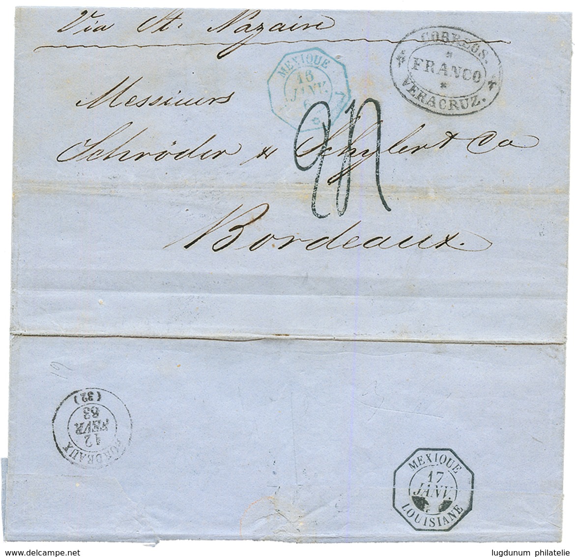 1863 Cachet Rare MEXIQUE LOUISIANE Au Verso D'une Lettre De VERA-CRUZ Pour BORDEAUX. Superbe. - Schiffspost