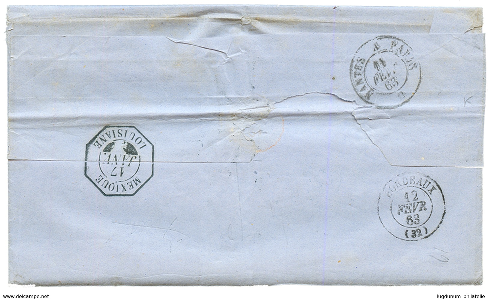 1863 Cachet Rare MEXIQUE LOUISIANE Au Verso D'une Lettre De VERA-CRUZ Pour BORDEAUX. Superbe. - Correo Marítimo