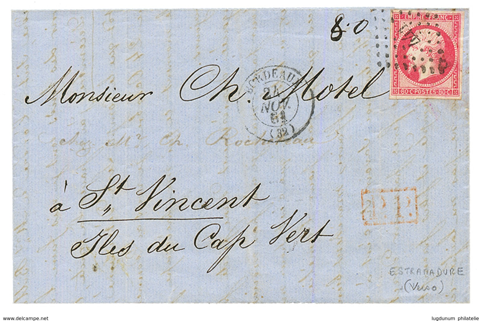 " ILES Du CAP VERT - Paquebot ESTRAMADURE" : 1861 80c(n°17) TTB Margé Sur Lettre De BORDEAUX Pour ST VINCENT (ILES Du CA - Schiffspost