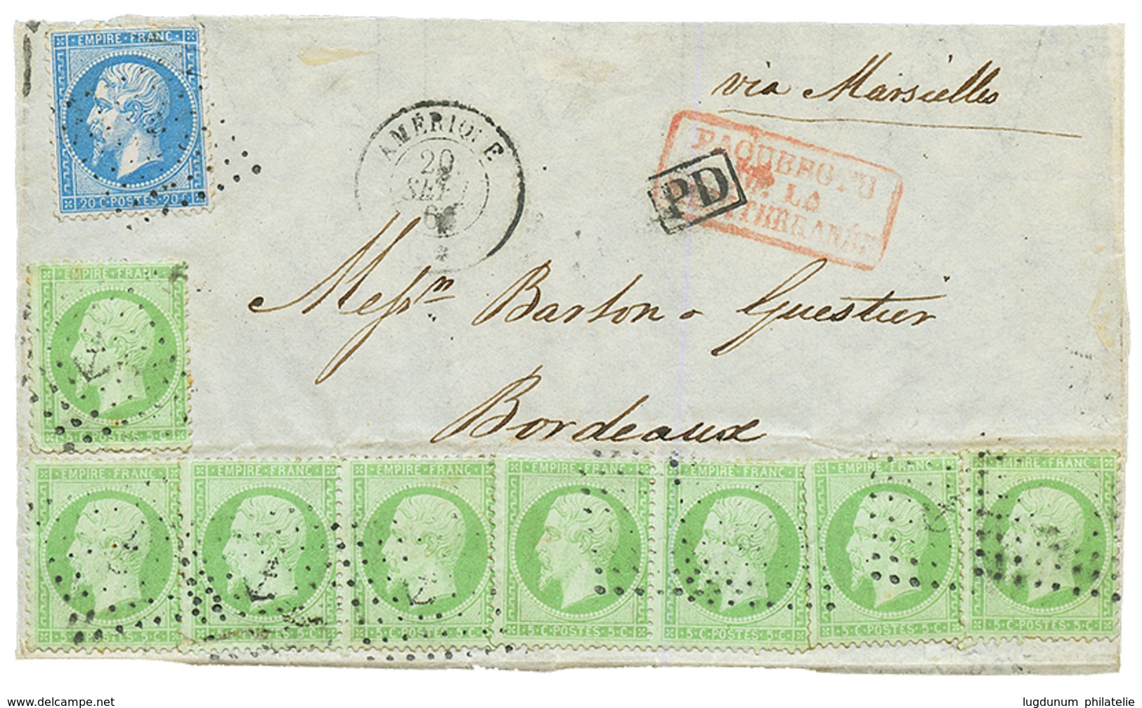 "AMERIQUE" : 5c(n°20)x8 + 20c(n°22) Obl. ANCRE + Paquebot AMERIQUE Sur DEVANT De Lettre. RARE. TB. - Schiffspost