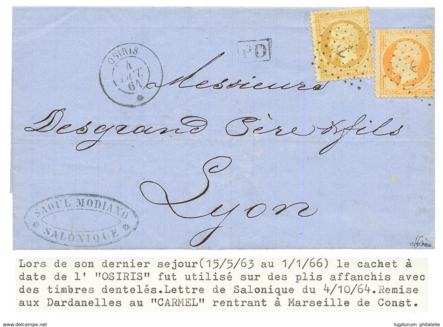 "OSIRIS" : 1861 10c(n°21) + 40c(n°23) Obl. ANCRE + Paquebot OSIRIS 4 Oct 64 Sur Lettre De SALONIQUE Pour LYON. Verso, LE - Maritieme Post