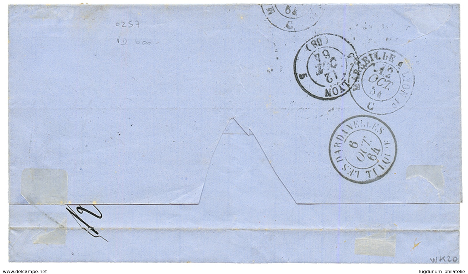 "OSIRIS" : 1861 10c(n°21) + 40c(n°23) Obl. ANCRE + Paquebot OSIRIS 4 Oct 64 Sur Lettre De SALONIQUE Pour LYON. Verso, LE - Schiffspost