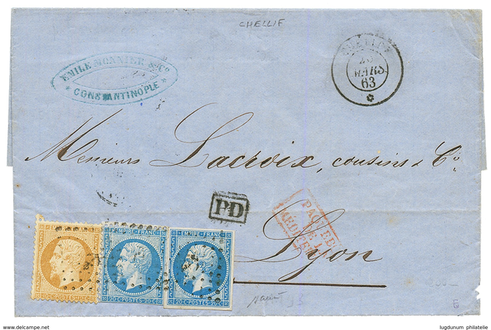 "CHELIFF" : 1863 20c(n°14)x2 + 10c(n°21) Obl. ANCRE + CHELIFF 26 Mars 63 (faible) Sur Lettre De CONSTANTINOPLE. B/TB. - Correo Marítimo