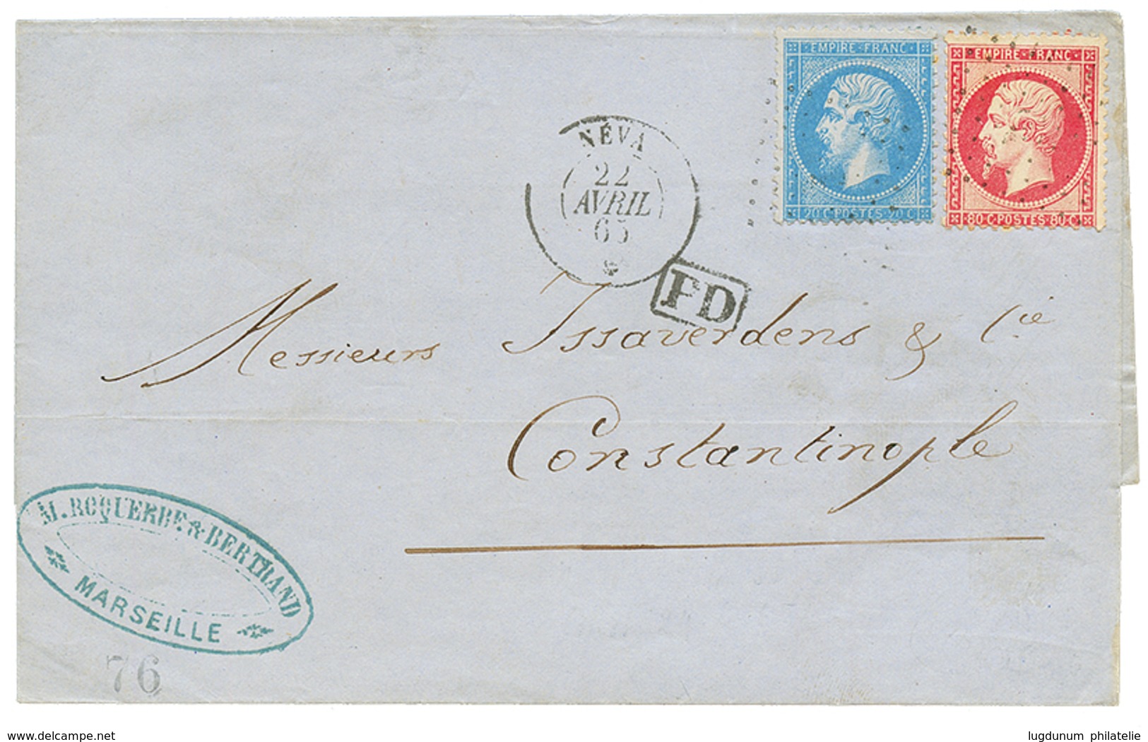 1865 20c(n°22) + 80c(n°24) Obl. ANCRE + NEVA 22 AVRIL 65 Sur Lettre Pour CONSTANTINOPLE. Double Port. TB. - Schiffspost