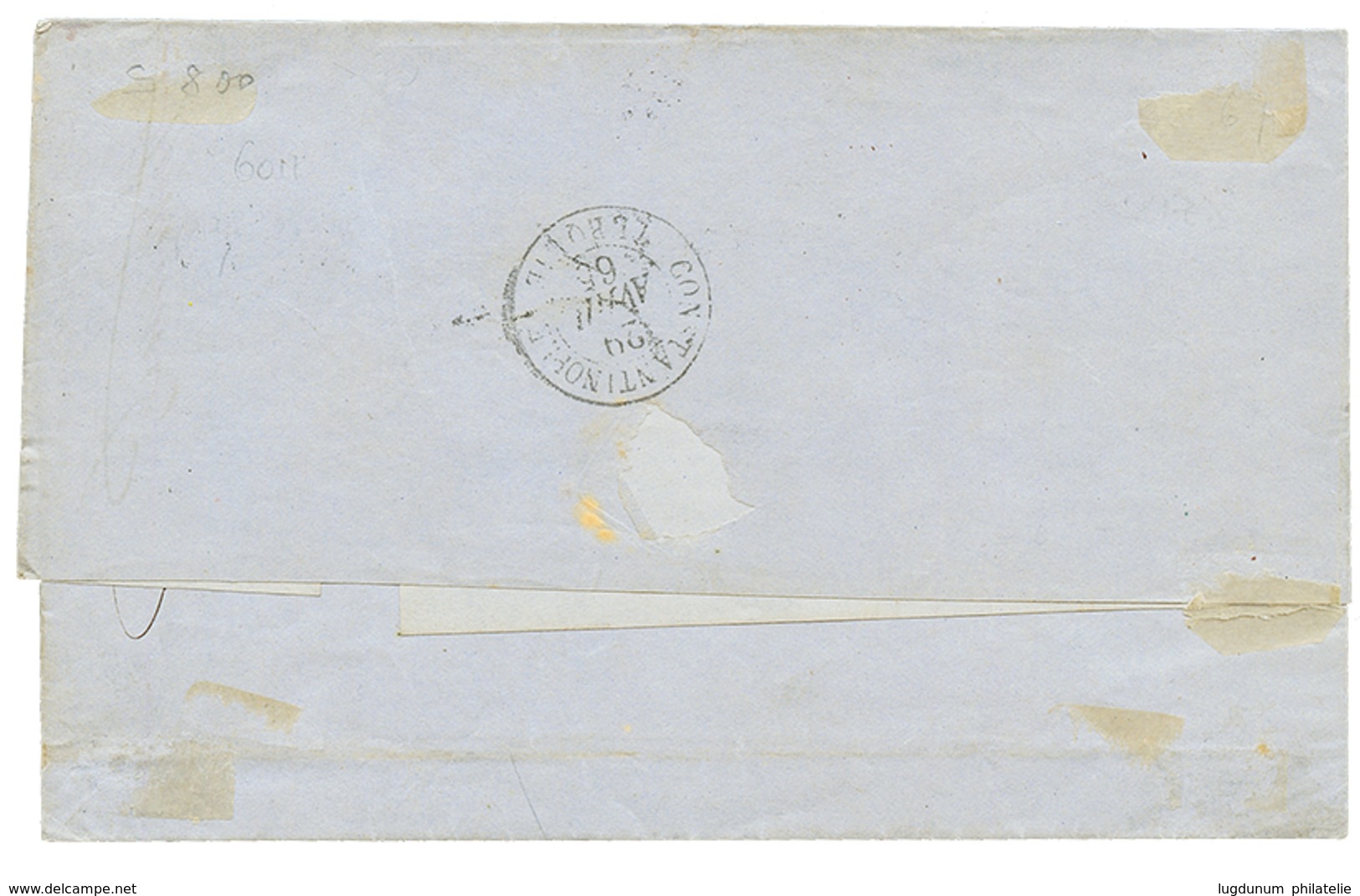 1865 20c(n°22) + 80c(n°24) Obl. ANCRE + NEVA 22 AVRIL 65 Sur Lettre Pour CONSTANTINOPLE. Double Port. TB. - Poste Maritime