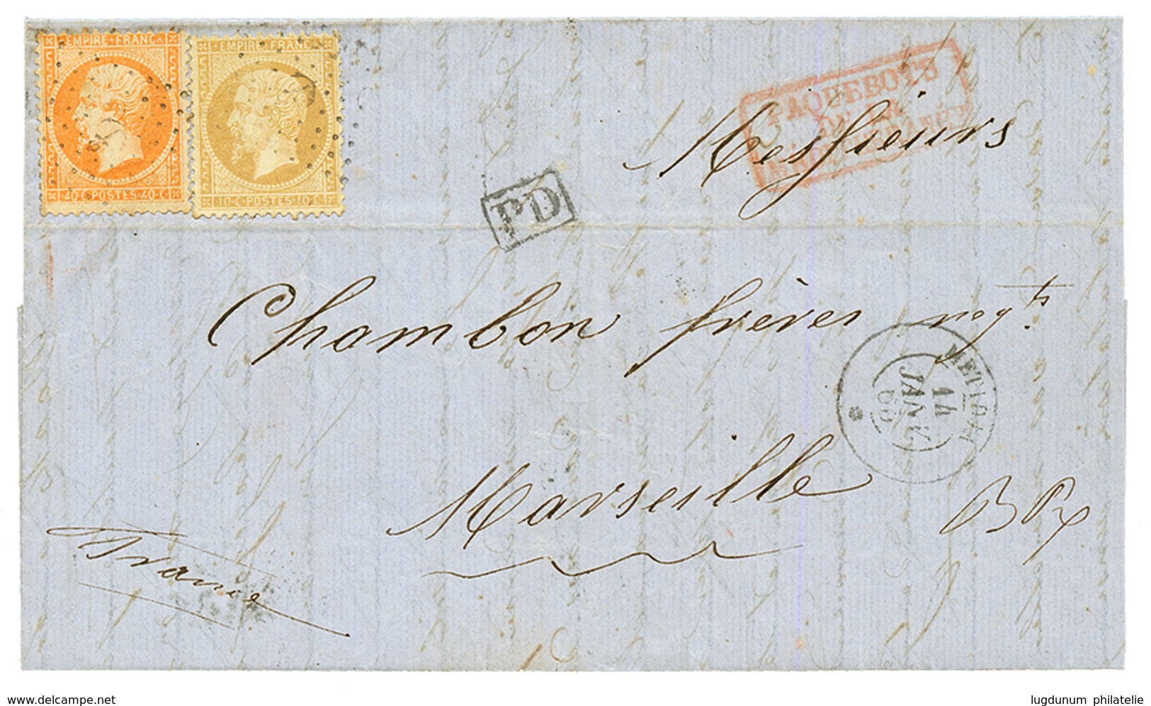 "METIDJA" : 1865 10c(n°21) + 40c(n°16) Obl. Ancre + Cachet Rarissime Du Paquebot METIDJA 14 Janv 65 Sur Lettre Avec Text - Poste Maritime