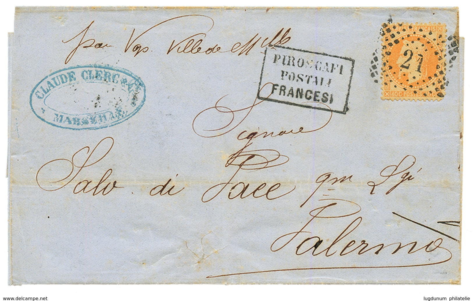 1868 40c(n°31) Obl. Cachet Italien 21 + PIROSCAFI POSTALI FRANCESI Sur Lettre De MARSEILLE Pour PALERME. Très Rare. Supe - Poste Maritime