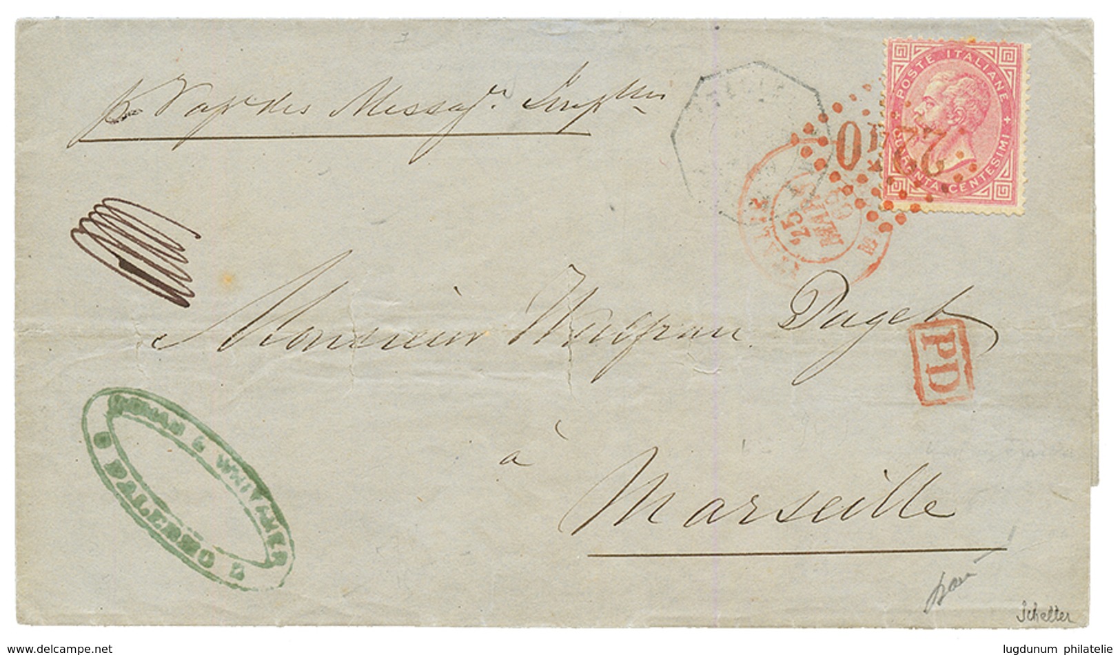 "GROS CHIFFRE GC 2240 En ROUGE" : 1869 ITALIE 40c Obl. GC 2240 En ROUGE Sur Lettre De PALERMO ( SICILY ) Pour MARSEILLE. - Schiffspost