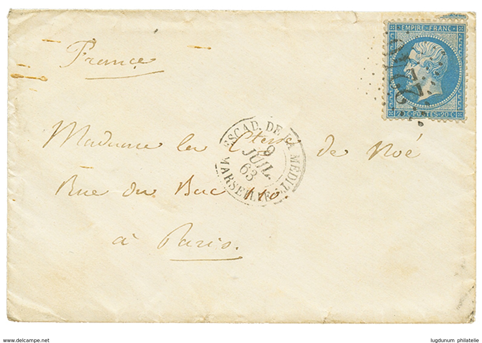 1863 20c Obl. GC 2240 + ESCAD. DE LA MEDIT. MARSEILLE Sur Enveloppe Avec Texte Daté "LE PIREE, A Bord Du REDOUTABLE" Pou - Maritime Post