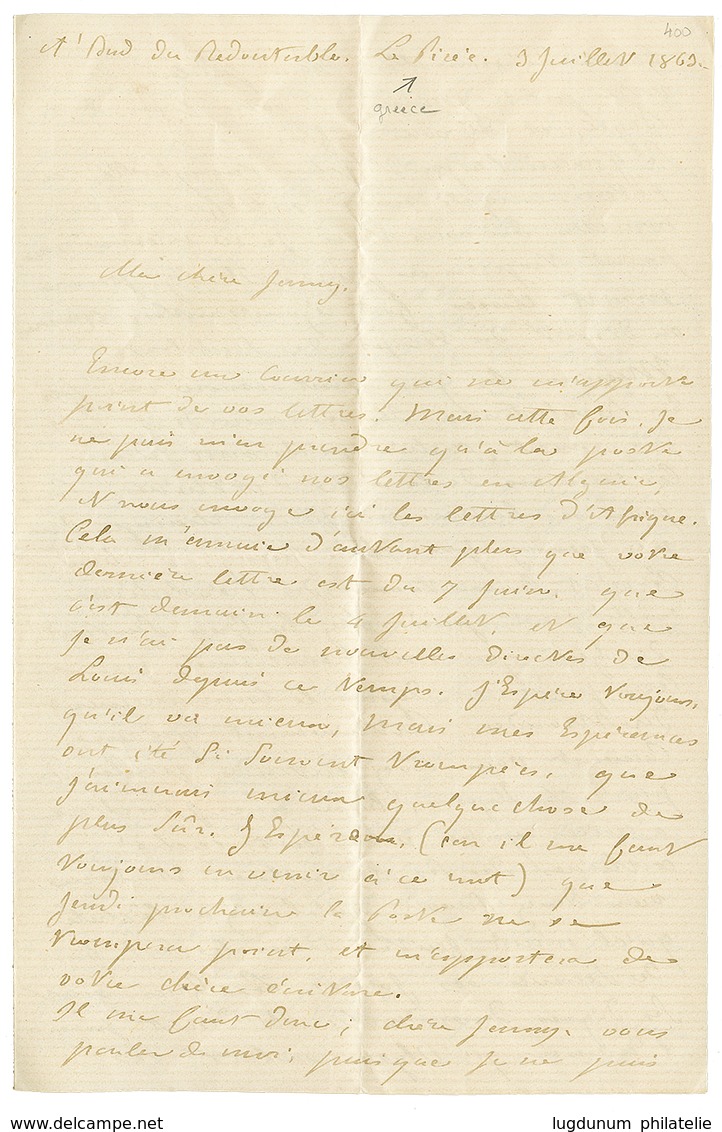 1863 20c Obl. GC 2240 + ESCAD. DE LA MEDIT. MARSEILLE Sur Enveloppe Avec Texte Daté "LE PIREE, A Bord Du REDOUTABLE" Pou - Schiffspost