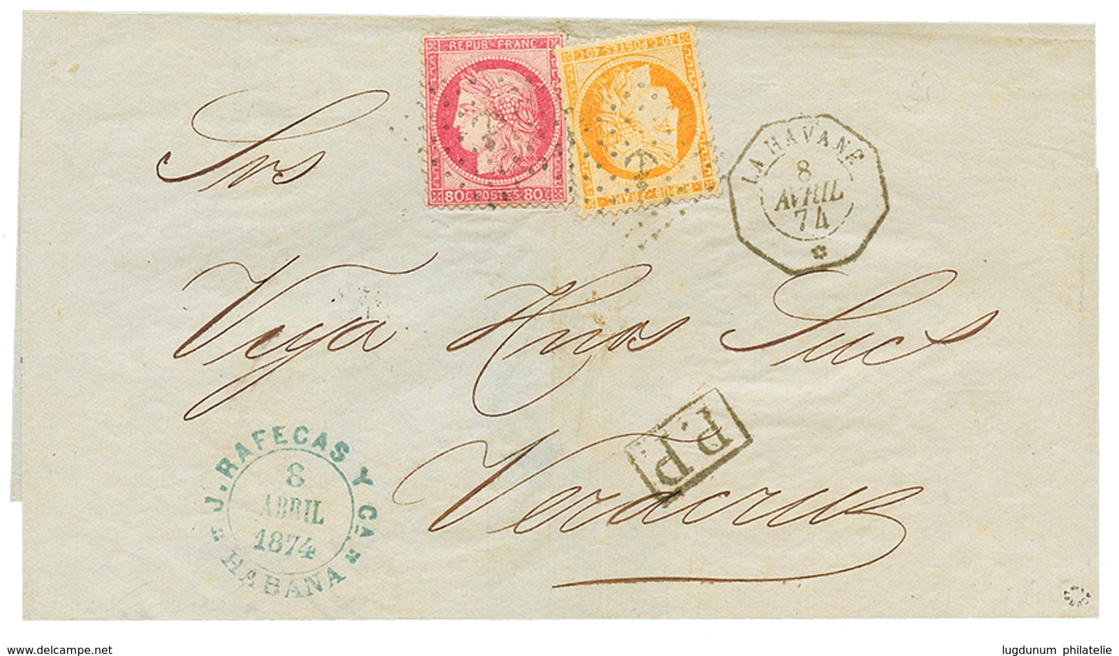 1874 40c SIEGE + 80c CERES Obl. ANCRE + LA HAVANE Sur Lettre Pour VERA-CRUZ(MEXIQUE). RARE. Superbe. - Correo Marítimo