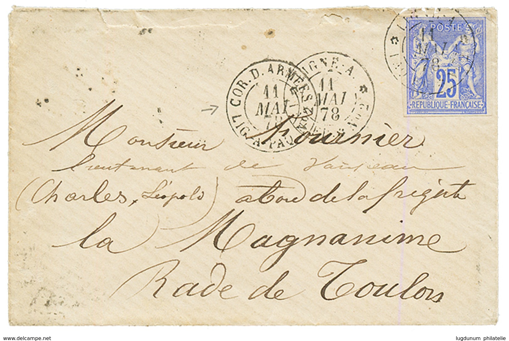 1878 COLONIES GENERALES 25c SAGE TB Margé Obl. LIGNE A PAQ FR N°2 + CORR. D' ARMEES LIG. A PAQ FR N°2 Sur Enveloppe Avec - Schiffspost