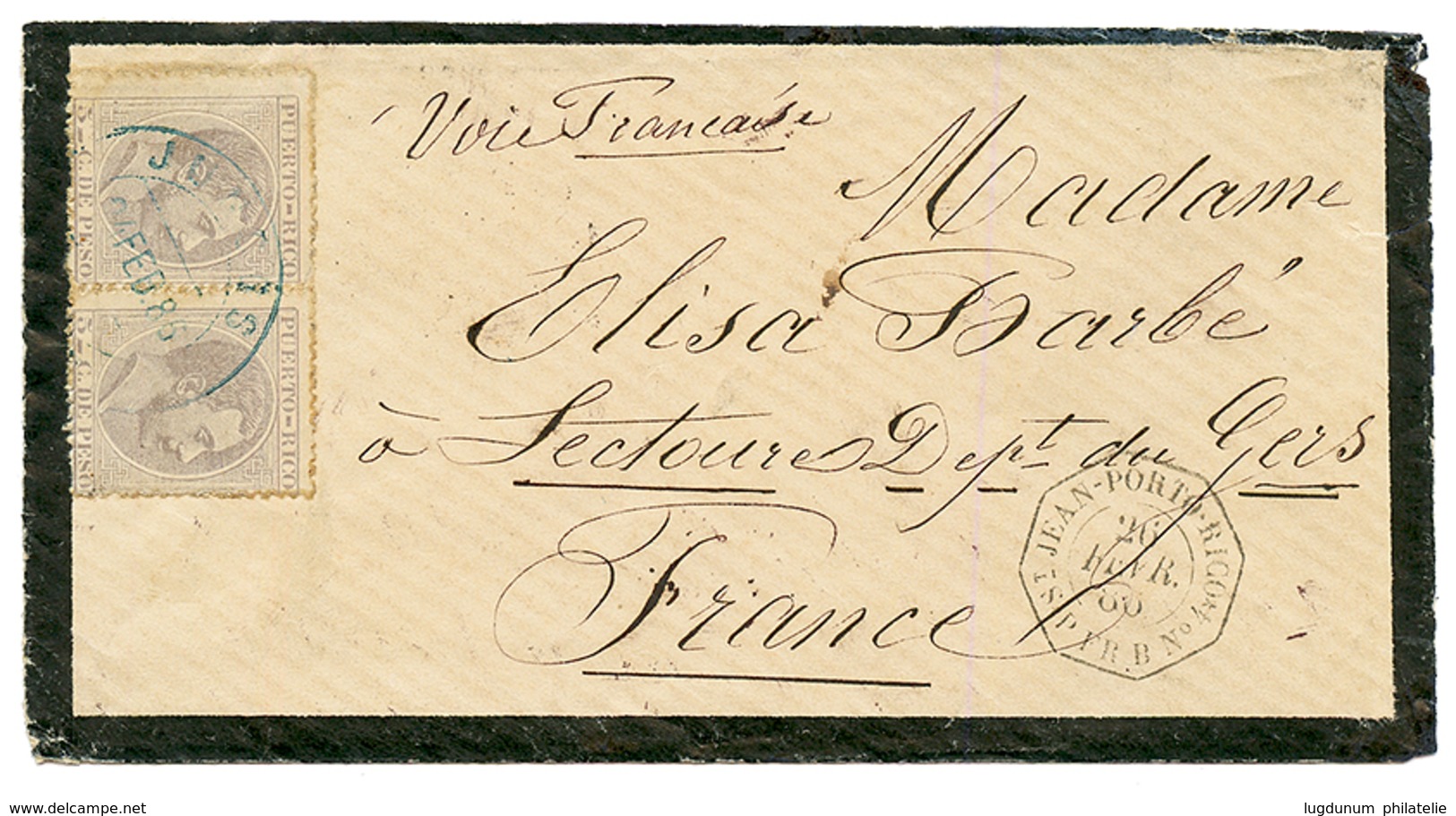 1886 PORTO RICO 5c(x2) + ST JEAN-PORTO-RICO P. FR. B N°4 Sur Enveloppe Pour La FRANCE. Trés RARE. Superbe. - Correo Marítimo