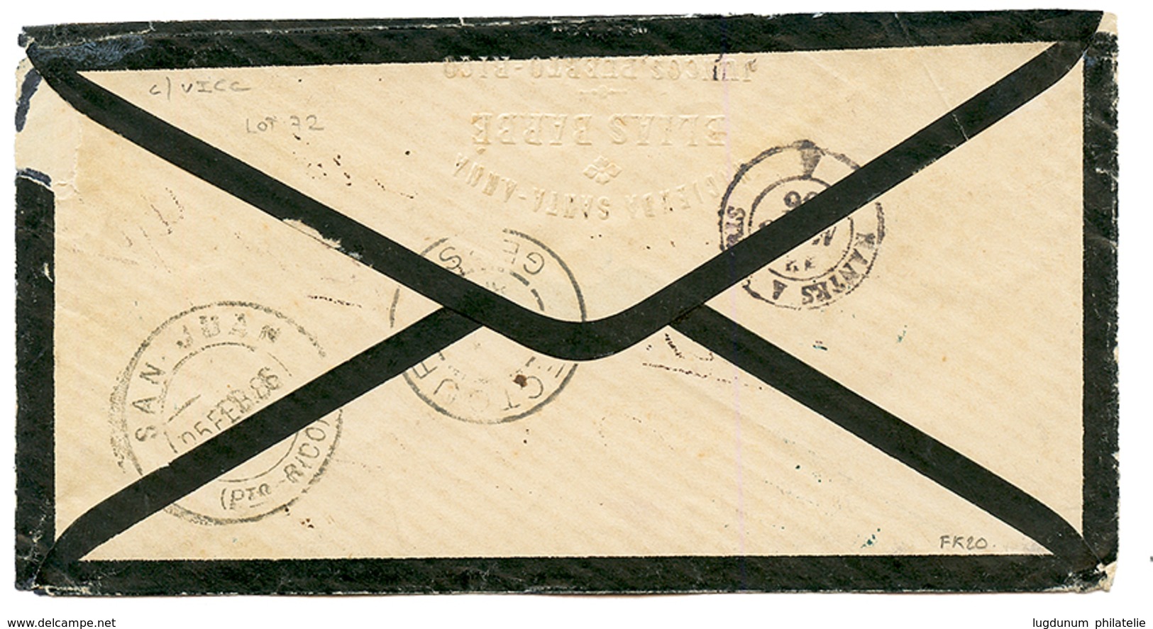 1886 PORTO RICO 5c(x2) + ST JEAN-PORTO-RICO P. FR. B N°4 Sur Enveloppe Pour La FRANCE. Trés RARE. Superbe. - Poste Maritime