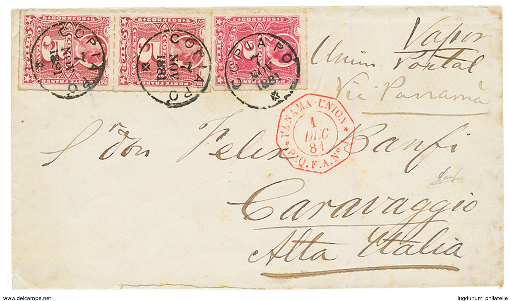 1881 CHILI 2c + 5c(x2) Obl. COPIAPO + Cachet Rare PANAMA-UNION PAQ F. A N°1 Rouge, Pour L' ITALIE. TTB. - Maritieme Post