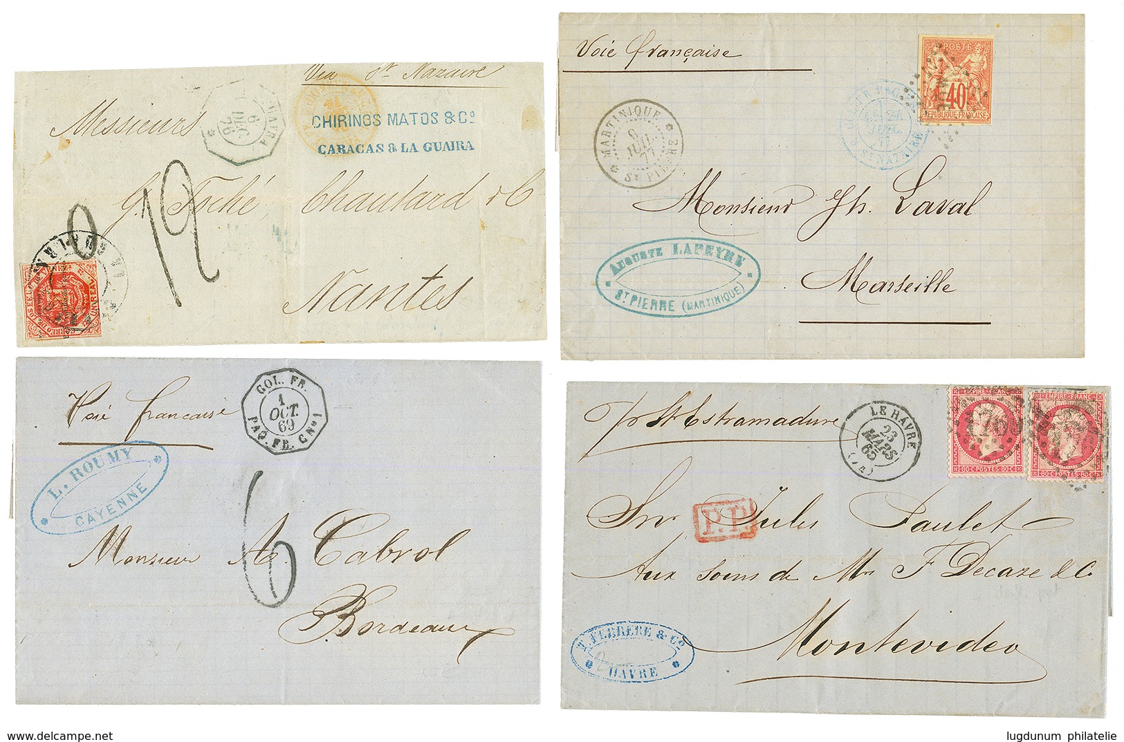 3 Lettres : N°24x2 Pour MONTEVIDEO, CG 40c Obl. MQE, GUYANE + 1 DEVANT (VENEZUELA 1d + Taxe 12). TB. - Poste Maritime