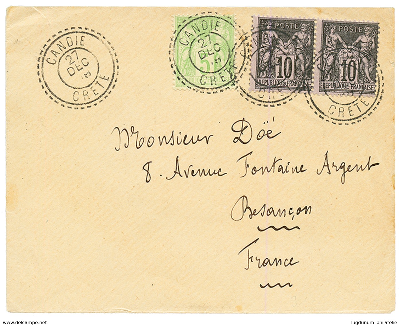 1899 SAGE 5c + 10c(x2) Obl. CANDIE CRETE Sur Enveloppe Pour La FRANCE. Qualité Exceptionnelle. - Andere & Zonder Classificatie