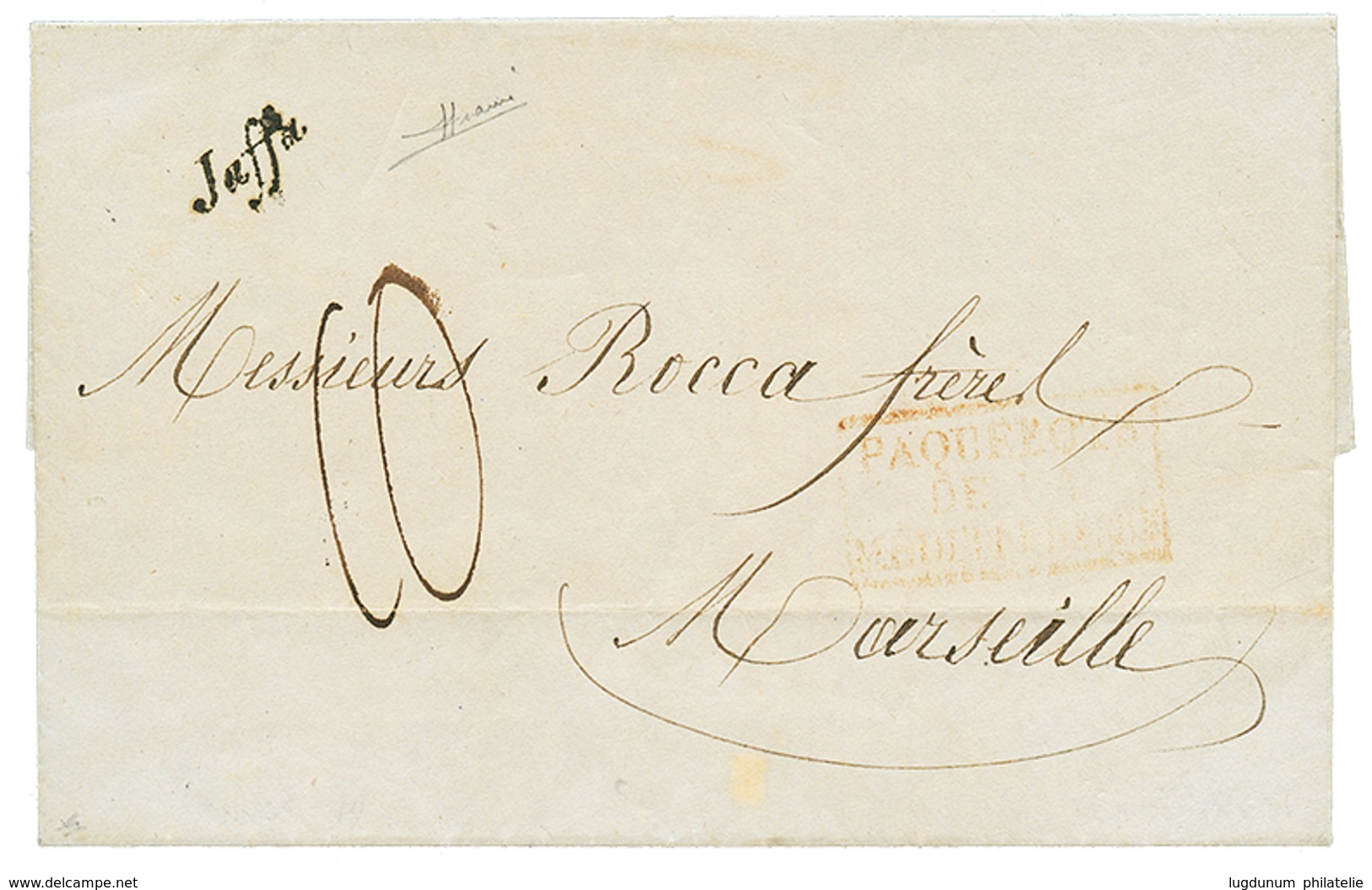 1854 Cursive JAFFA + Taxe 10 Sur Lettre Avec Texte Pour La FRANCE. Verso, ALEXANDRIE. RARE Et Superbe. - Altri & Non Classificati