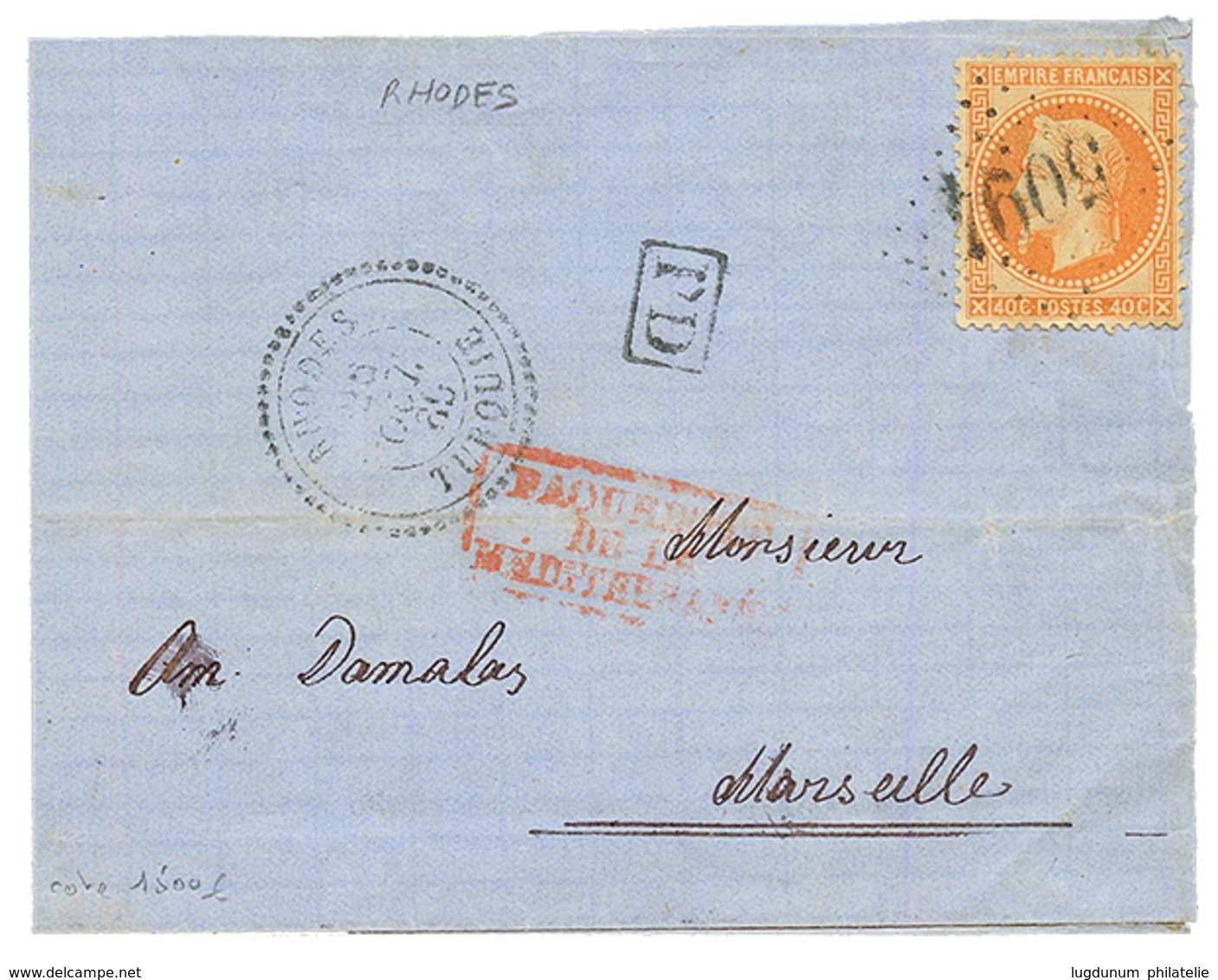 RHODES : 1869 40c(n°31) Obl. GC 5094 + RHODES TURQUIE Sur Lettre Incomplète. Rare. TB. - Autres & Non Classés