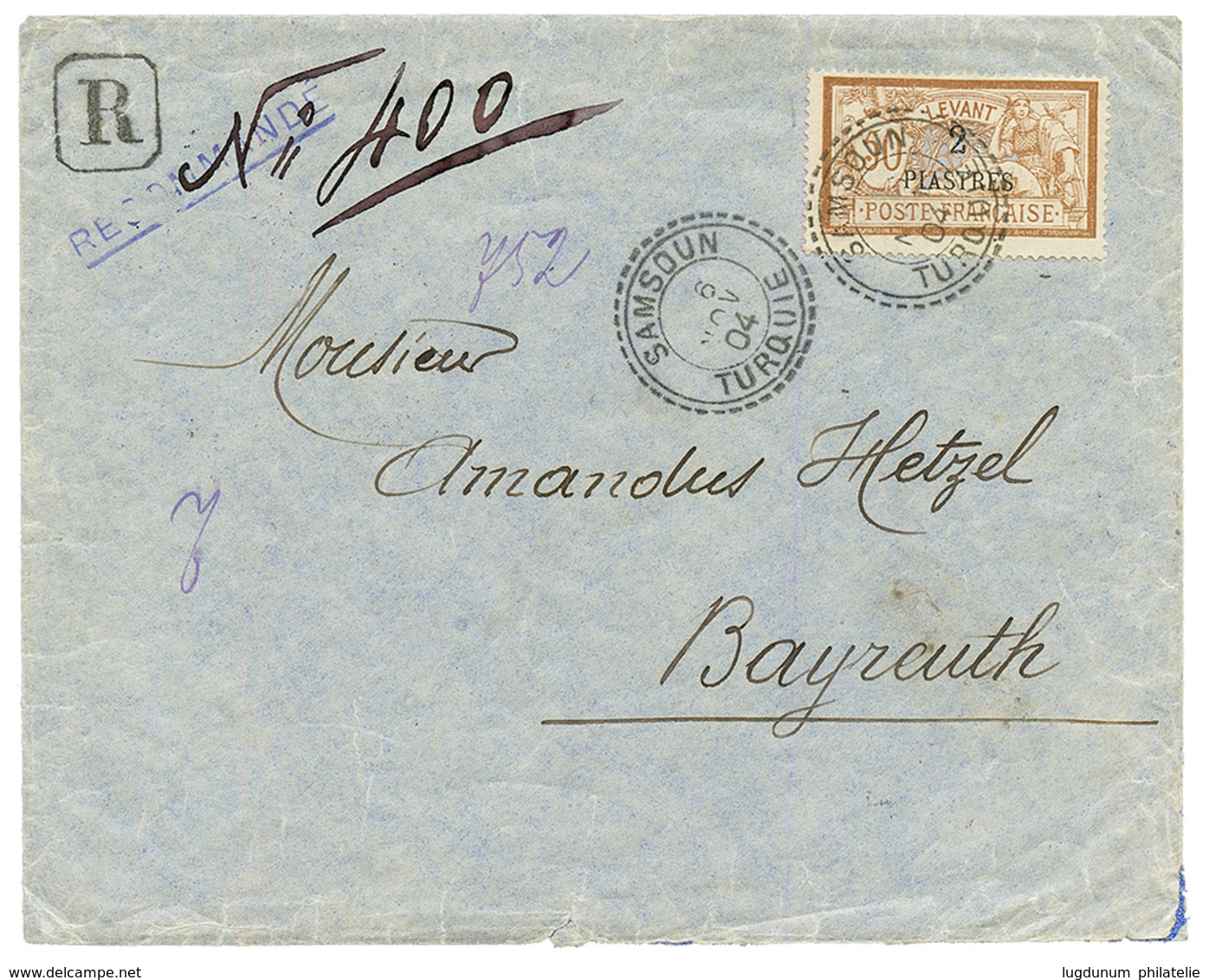 SAMSOUN : 1904 LEVANT 2P S/ 50c Obl. SAMSOUN TURQUIE Sur Enveloppe Pour BAYREUTH. Superbe. - Andere & Zonder Classificatie