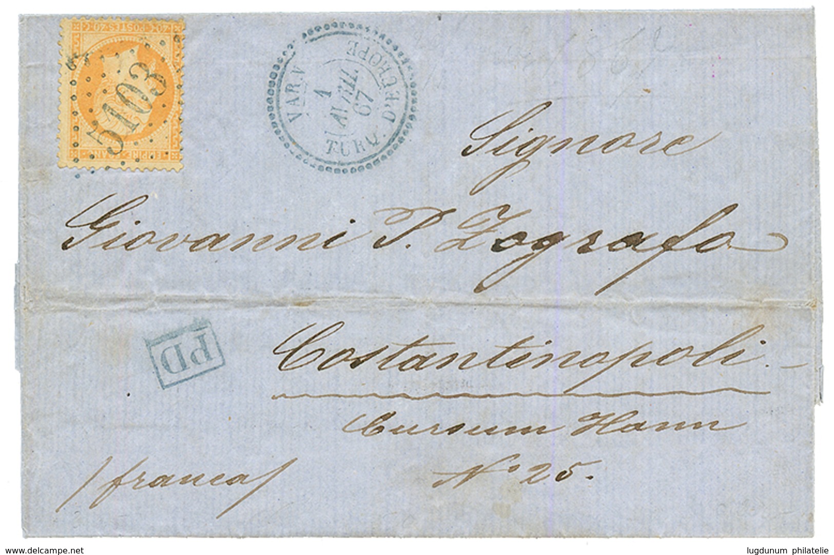 VARNA : 1867 40c(n°23) Obl. GC 5103 + VARNA TURQ. D' EUROPE Sur Lettre Pour CONSTANTINOPLE. TTB. - Autres & Non Classés