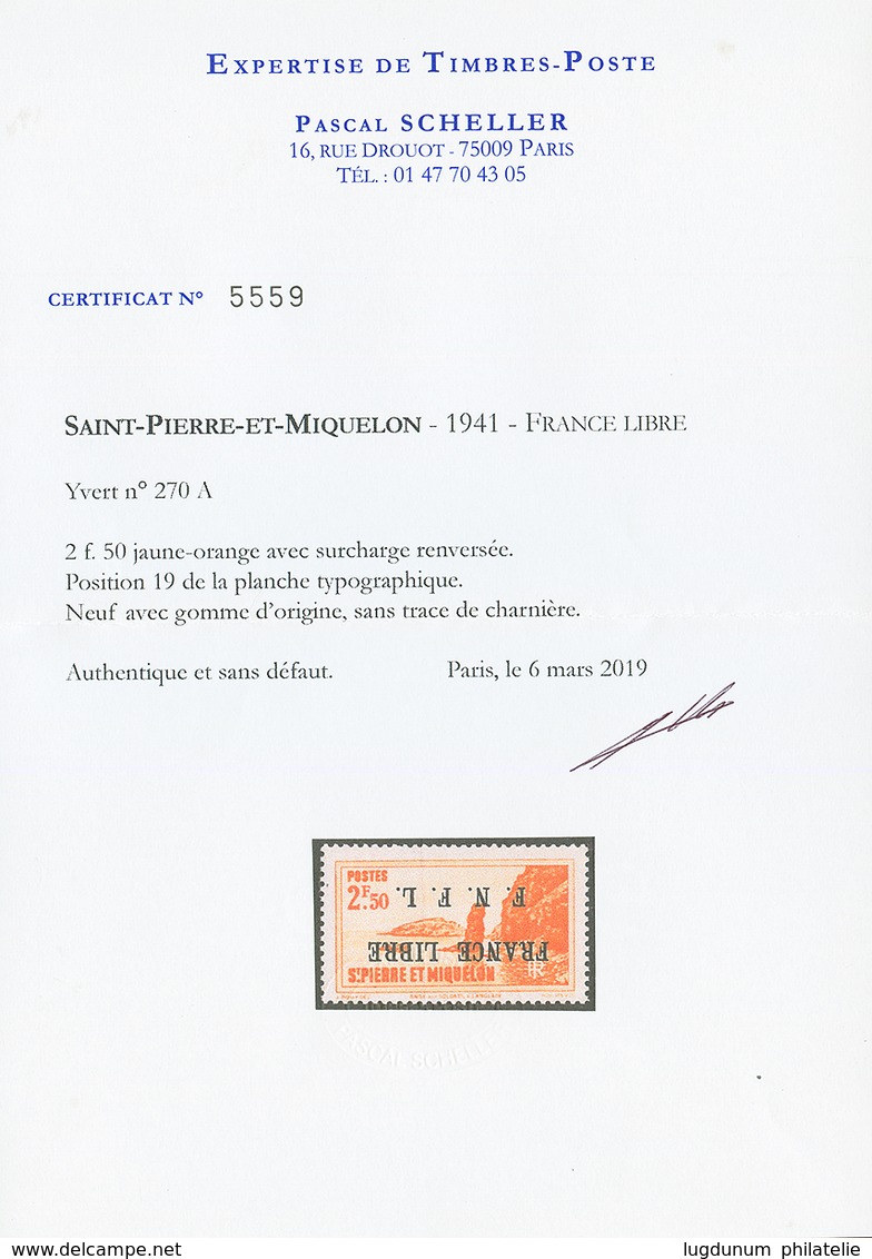 ST PIERRE ET MIQUELON : FRANCE LIBRE 2F50 Surcharge Renversée (n°270A) Neuf ** Sans Charnière Fraicheur Postale. Cote 16 - Andere & Zonder Classificatie