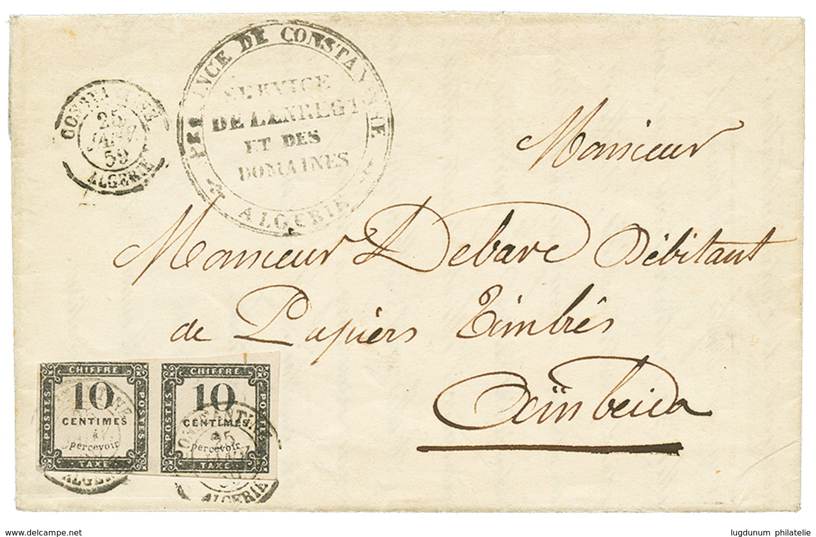 "Paire Du 10c TAXE LITHO. Utilisé En ALGERIE" : 1859 Paire Du 10c TAXE (n°1) , Un Timbre Petit Défaut Obl. CONSTANTINE A - Autres & Non Classés