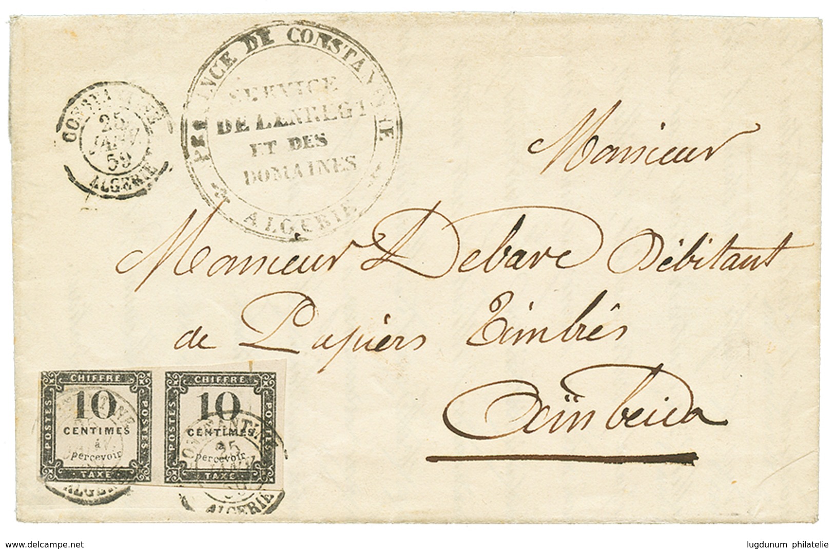 "Paire Du 10c TAXE LITHO. Utilisé En ALGERIE" : 1859 Paire Du 10c TAXE (n°1) , Un Timbre Petit Défaut Obl. CONSTANTINE A - Andere & Zonder Classificatie