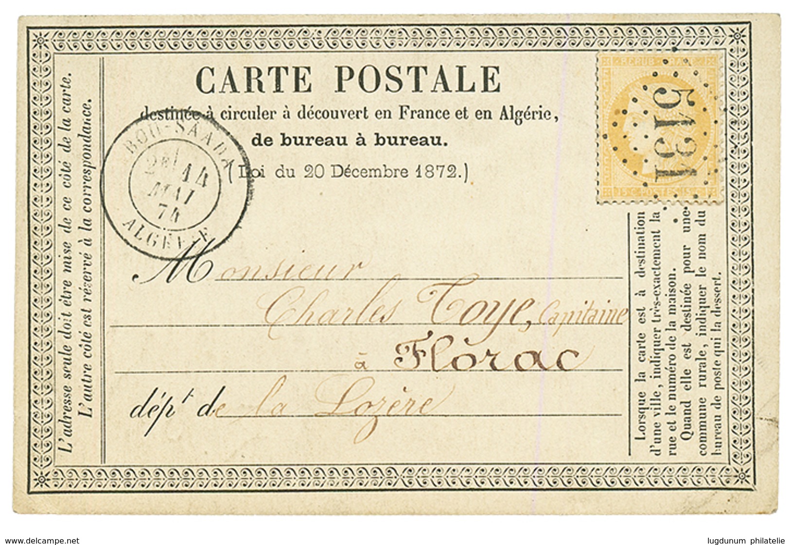 ALGERIE - BOU-SAADA : 1874 15c CERES Obl. GC 5131 + BOU-SAADA ALGERIE Sur CARTE PRECURSEUR Décorée à La Main (Aquarelle) - Autres & Non Classés