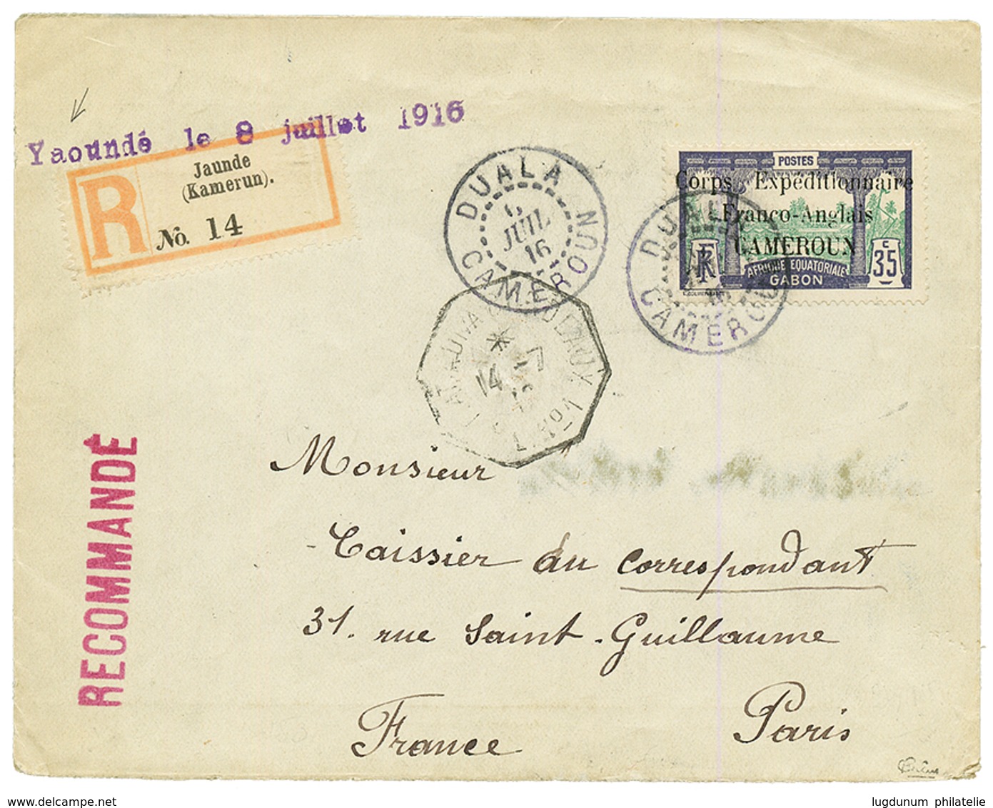 CAMEROUN : 1916 35c Obl. DUALA + Rare Cachet Linéaire "YOUNDE Le 8 Juillet 1916" Sur Enveloppe RECOMMANDEE Pour La FRANC - Altri & Non Classificati
