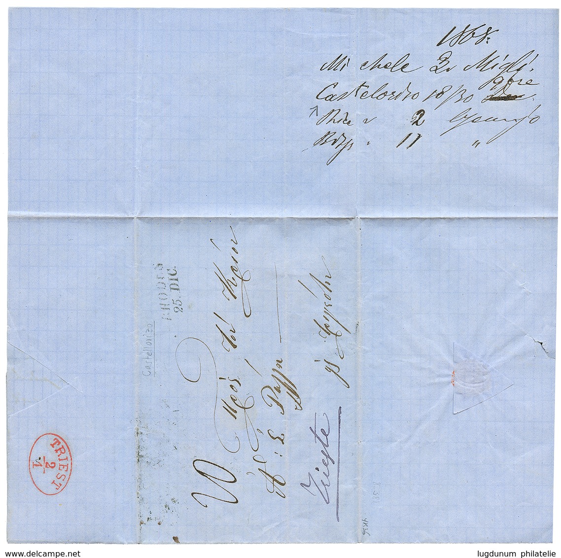 "CASTELLORIZO - PRECURSEUR" : 1867 Cachet Autrichien RHODES Sur Lettre Avec Texte De CASTELLORIZO Pour TRIESTE. GRANDE R - Other & Unclassified