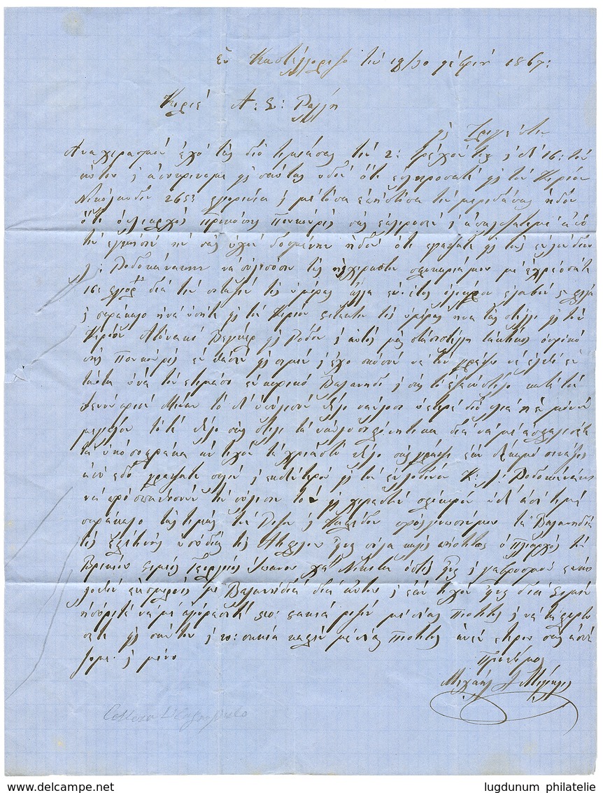 "CASTELLORIZO - PRECURSEUR" : 1867 Cachet Autrichien RHODES Sur Lettre Avec Texte De CASTELLORIZO Pour TRIESTE. GRANDE R - Autres & Non Classés