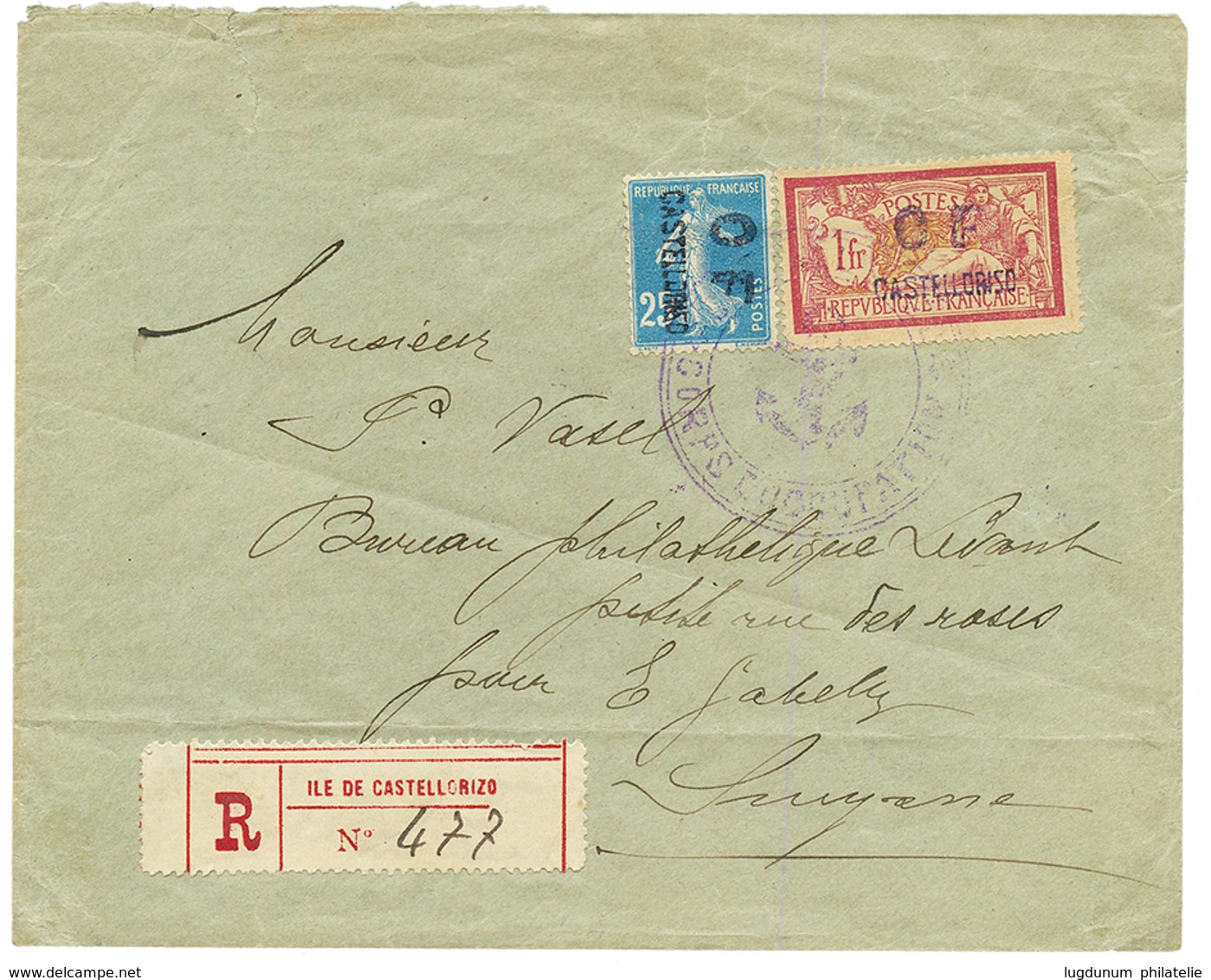 CASTELLORIZO : 1920 25c(n°40) + 1F MERSON (n°42) Obl. Sur Enveloppe RECOMMANDEE Pour SMYRNE. Timbres Trés Rares Sur Lett - Autres & Non Classés