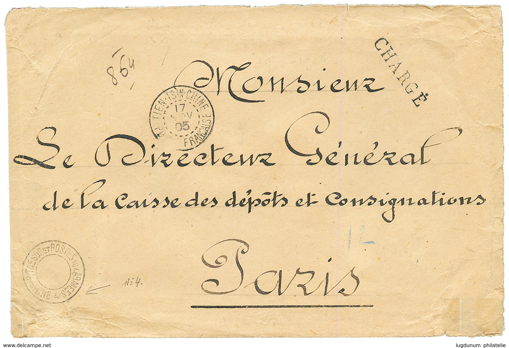 "TRESOR ET POSTES CHINE N°4"" : 1905 Rarissime Cachet TRESOR ET POSTES AUX ARMEES 4 CHINE 4 + TIEN-TSIN POSTE FRANCAISE  - Sonstige & Ohne Zuordnung