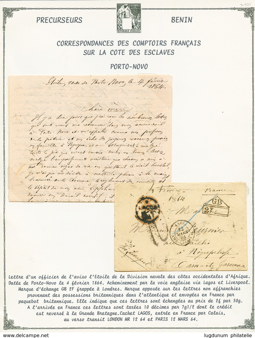 BENIN - PRECURSEURS : 1864 GB/2F + LAGOS Sur Enveloppe Avec Texte Daté PORTO-NOVO Pour La FRANCE. TB. - Other & Unclassified