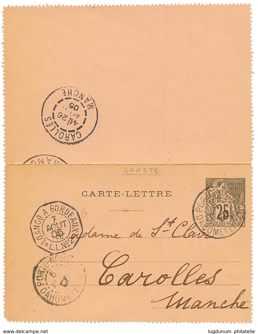 SAKETE DAHOMEY - PRECURSEUR : 1905 COLONIES GENERALES Entier 25c Avec Texte Daté "SAKETE" Obl. PORTO-NOVO Pour La FRANCE - Andere & Zonder Classificatie