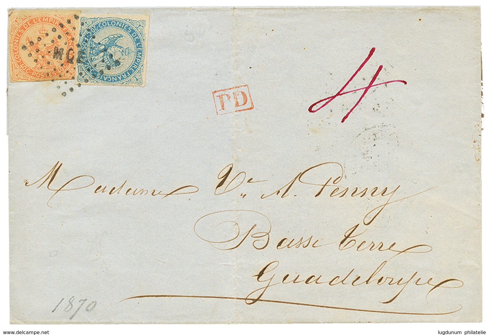 "MARTINIQUE - BRITISH STEAMSHIP AGENT" : 1870 AIGLE 20c + 40c + Taxe Anglaise "4" Sur Lettre Pour LA GUADELOUPE. Verso,  - Sonstige & Ohne Zuordnung