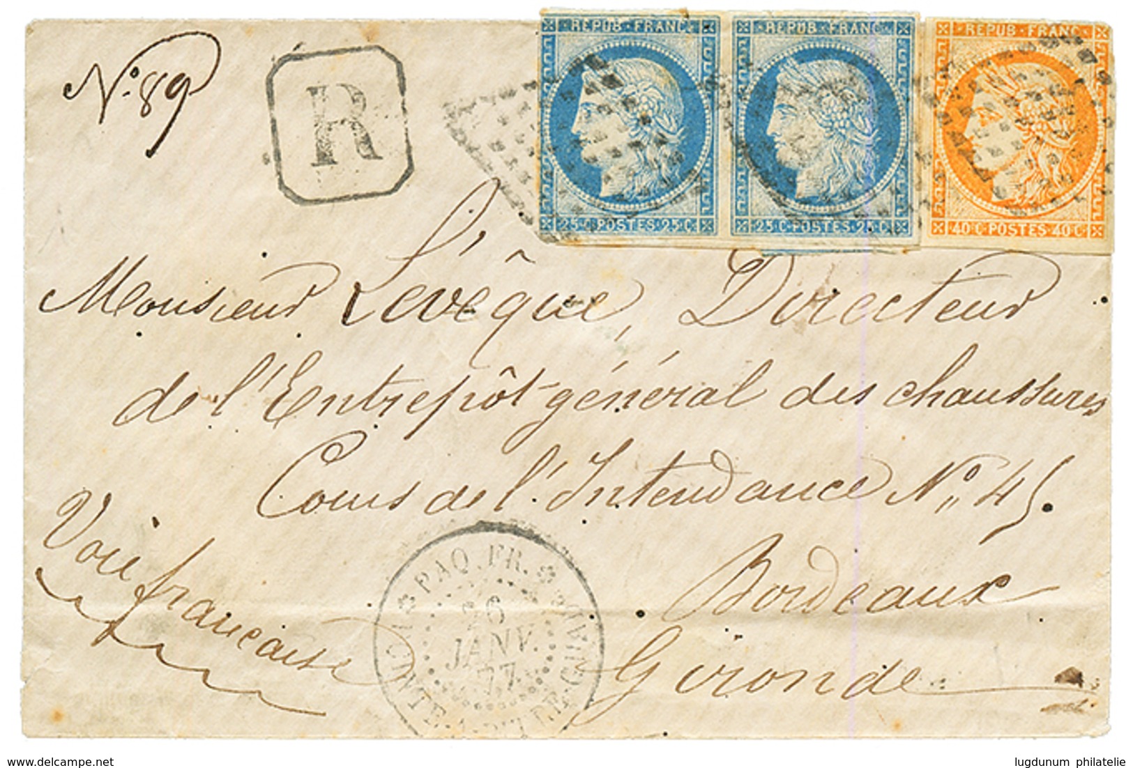 GUADELOUPE : 1877 CG CERES 40c + 25c(x2) Sur Enveloppe RECOMMANDEE De POINTE A PITRE Pour La FRANCE. TB. - Sonstige & Ohne Zuordnung