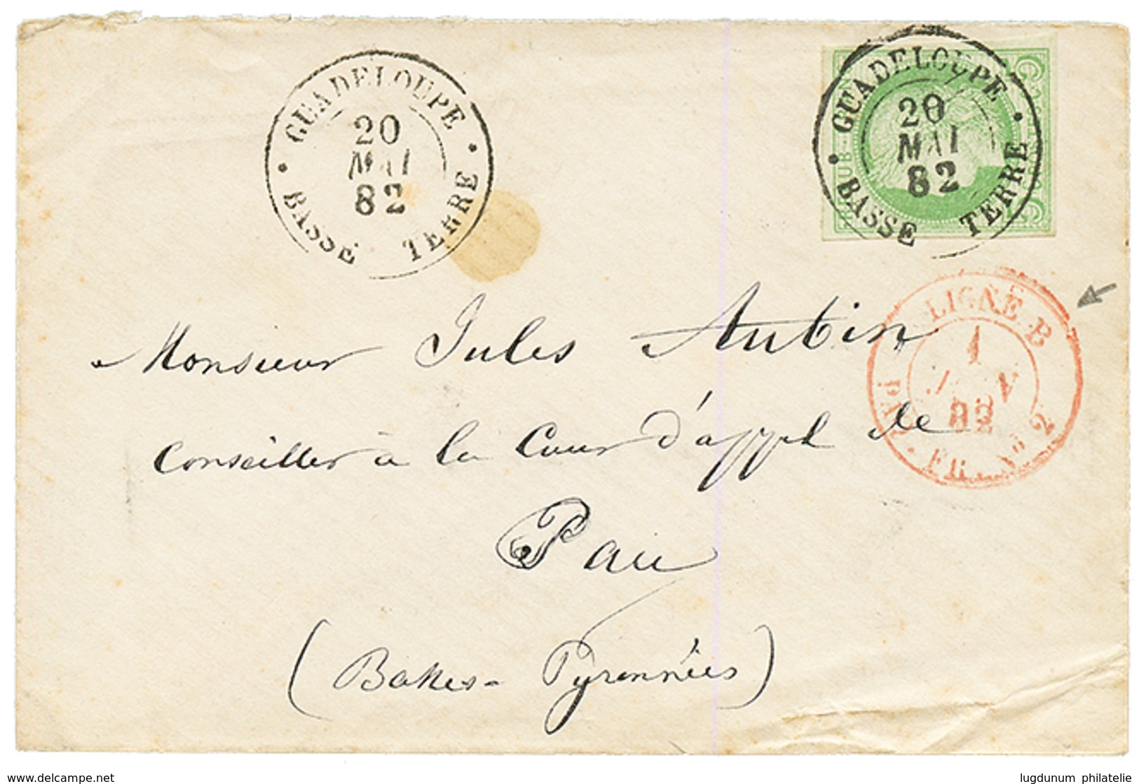 "Tarif IMPRIME" : 1882 CG 5c CERES TTB Margé Obl. GUADELOUPE BASSE-TERRE Sur Env. Pour PAU. Superbe. - Autres & Non Classés