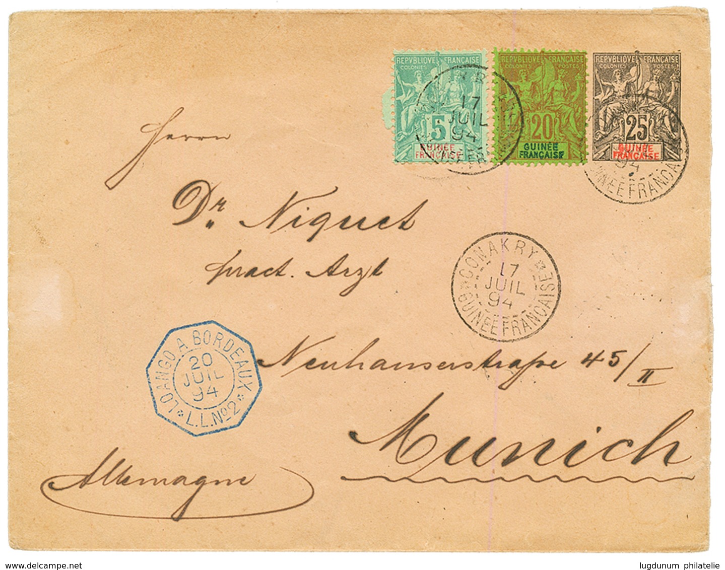 GUINEE -Cie NAVIGATION A VAPEUR / CONAKRY : 1894 Entier 25c + 5c+ 20c Obl. CONAKRY Pour MUNICH. Verso, Cachet Rare COMPA - Sonstige & Ohne Zuordnung