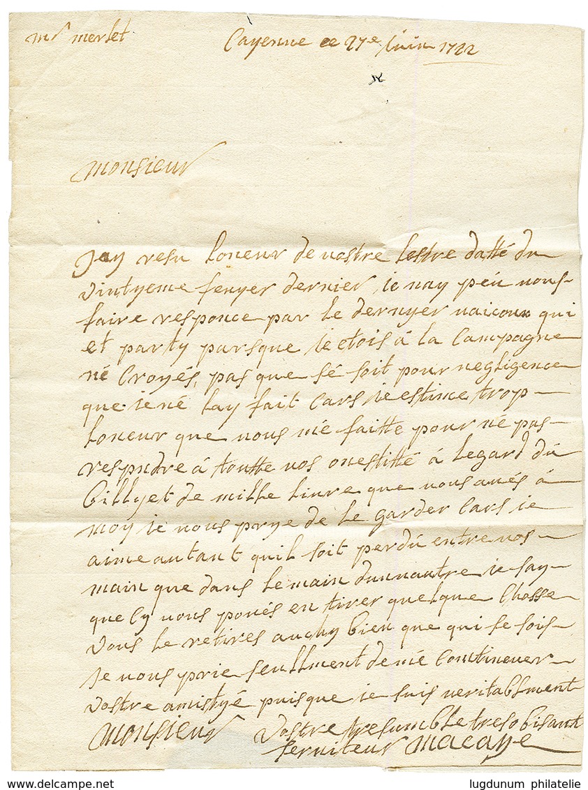 1722 DE LA ROCHELLE Sur Lettre Avec Texte Daté "CAYENNE" Pour BORDEAUX. RARETE. TTB. - Andere & Zonder Classificatie