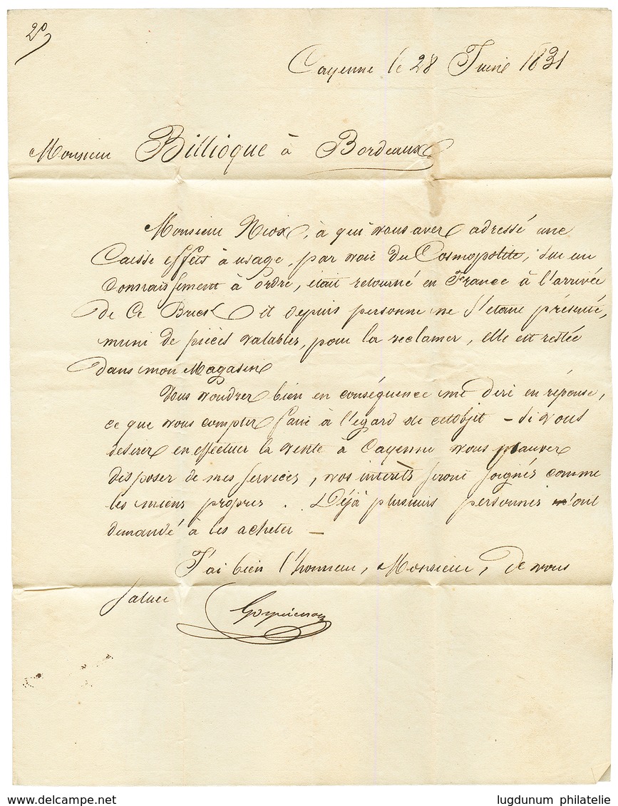 1831 GUYANE FRANCAISE En ROUGE + PAYS D' OUTREMER Sur Lettre Avec Texte De CAYENNE Pour BORDEAUX. TB. - Sonstige & Ohne Zuordnung
