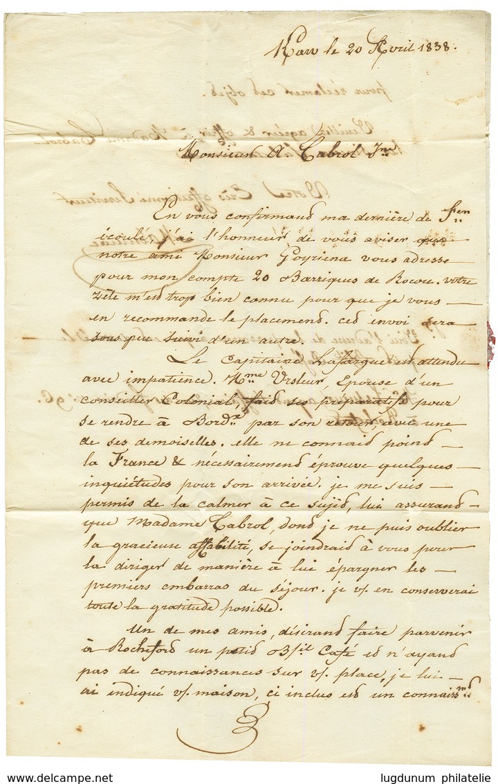 "KAW - GUYANE ": 1838 GUYANE FRANCAISE Sur Lettre Avec Texte Daté "KAW" Pour BORDEAUX. RARE. TB. - Autres & Non Classés