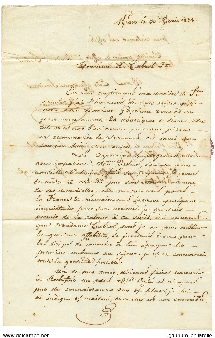 "KAW - GUYANE ": 1838 GUYANE FRANCAISE Sur Lettre Avec Texte Daté "KAW" Pour BORDEAUX. RARE. TB. - Andere & Zonder Classificatie