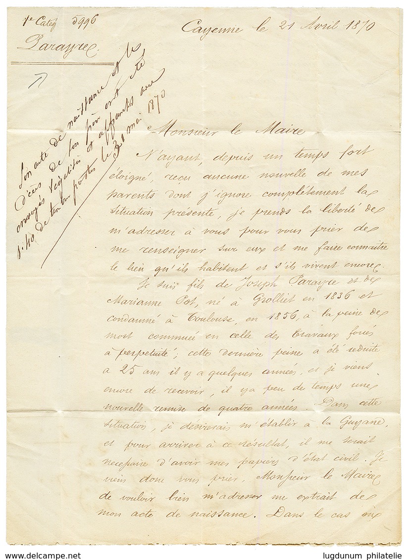 GUYANE - BAGNE De CAYENNE : 1870 AIGLE 10c + 40c Sur Lettre Avec Texte Daté "CAYENNE, Transporté N°5996" Pour La FRANCE. - Andere & Zonder Classificatie