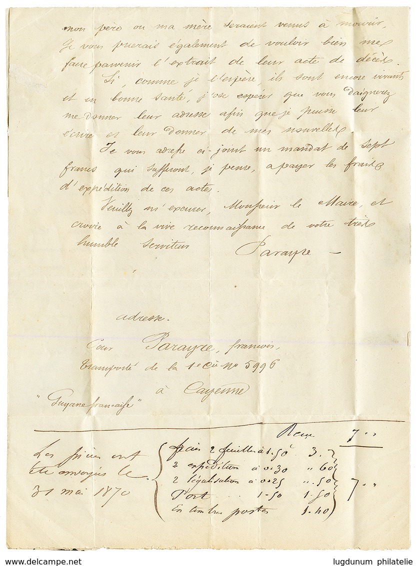 GUYANE - BAGNE De CAYENNE : 1870 AIGLE 10c + 40c Sur Lettre Avec Texte Daté "CAYENNE, Transporté N°5996" Pour La FRANCE. - Andere & Zonder Classificatie