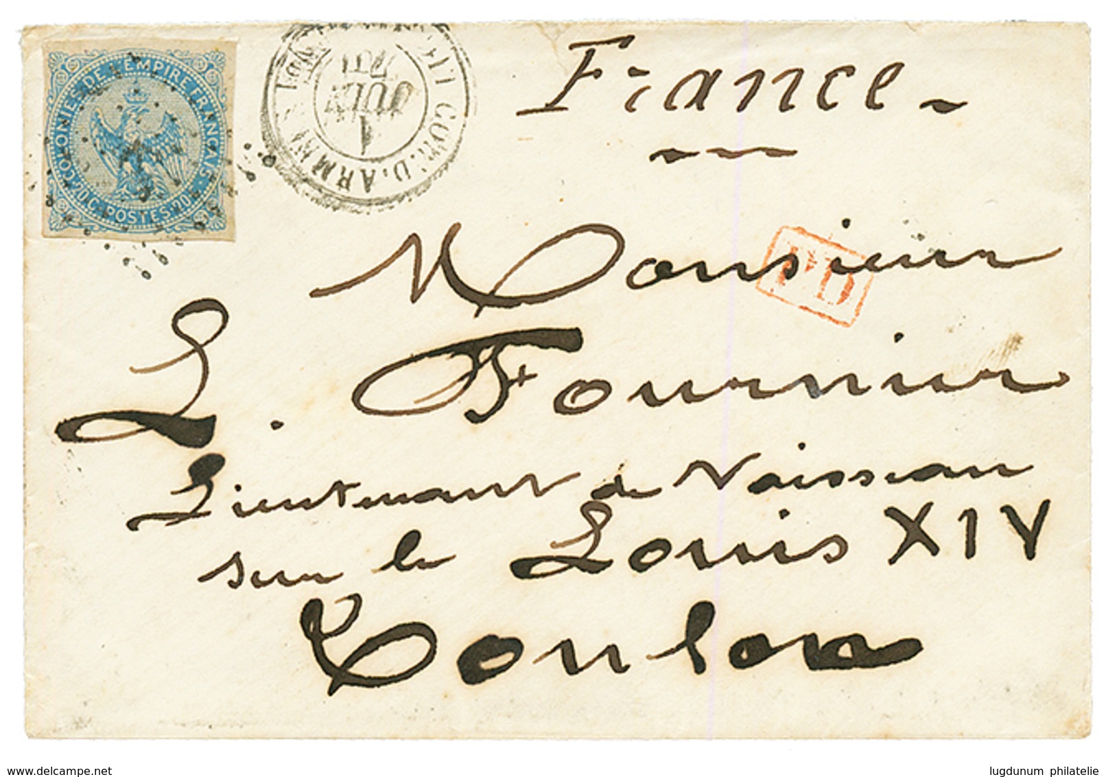 1870 20c AIGLE Obl. ANCRE + CORR. D' ARM. LIG. A PAQ FR N°1 Sur Enveloppe Avec Texte Daté "CAYENNE" Pour TOULON. Tarif M - Sonstige & Ohne Zuordnung