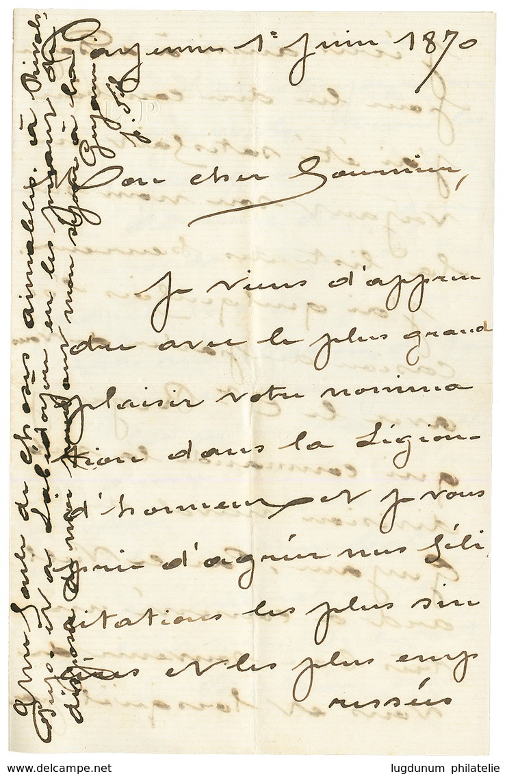 1870 20c AIGLE Obl. ANCRE + CORR. D' ARM. LIG. A PAQ FR N°1 Sur Enveloppe Avec Texte Daté "CAYENNE" Pour TOULON. Tarif M - Andere & Zonder Classificatie