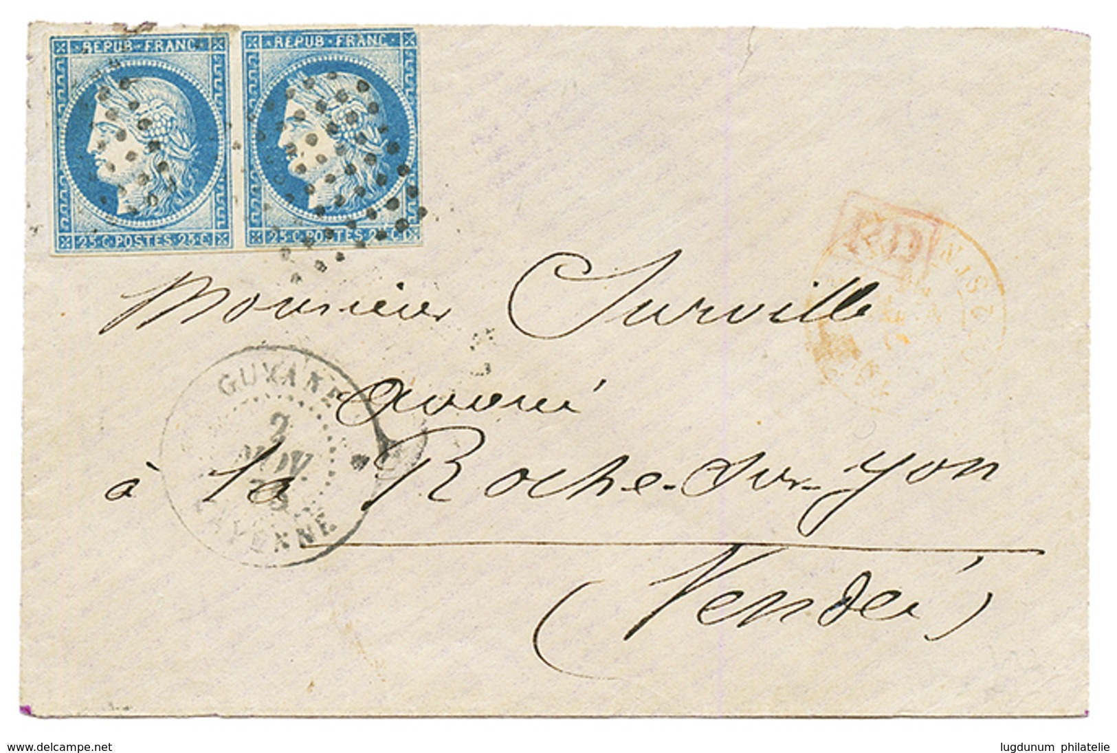 1875 COLONIES GENERALES Paire 25c CERES Obl. Sur Enveloppe De CAYENENE Pour La FRANCE. TB. - Andere & Zonder Classificatie