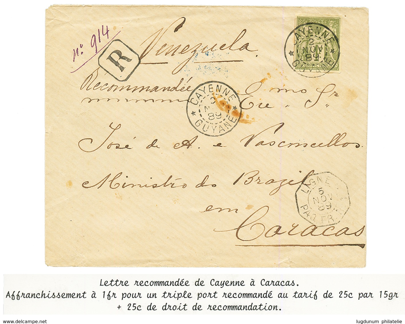 1889 CH 1F SAGE TTB Margé Obl. CAYENNE GUYANE Sur Env (triple Port) RECOMMANDEE Pour CARACAS ( VENEZUELA ). RARE. Superb - Autres & Non Classés